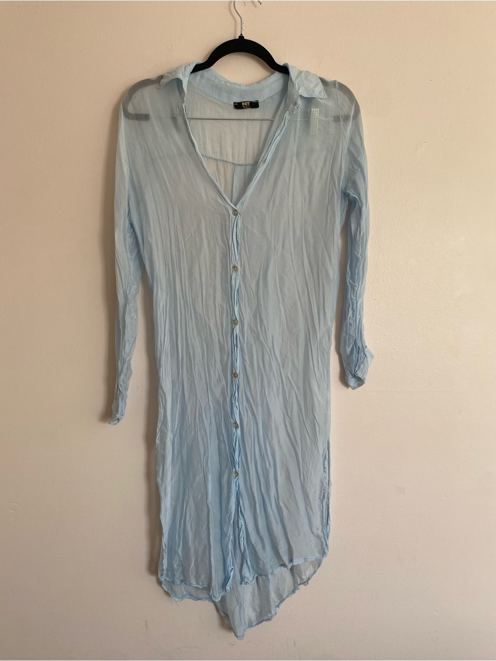 Sheer Light Blue Long-Sleeve Button-Front Shirt Dress